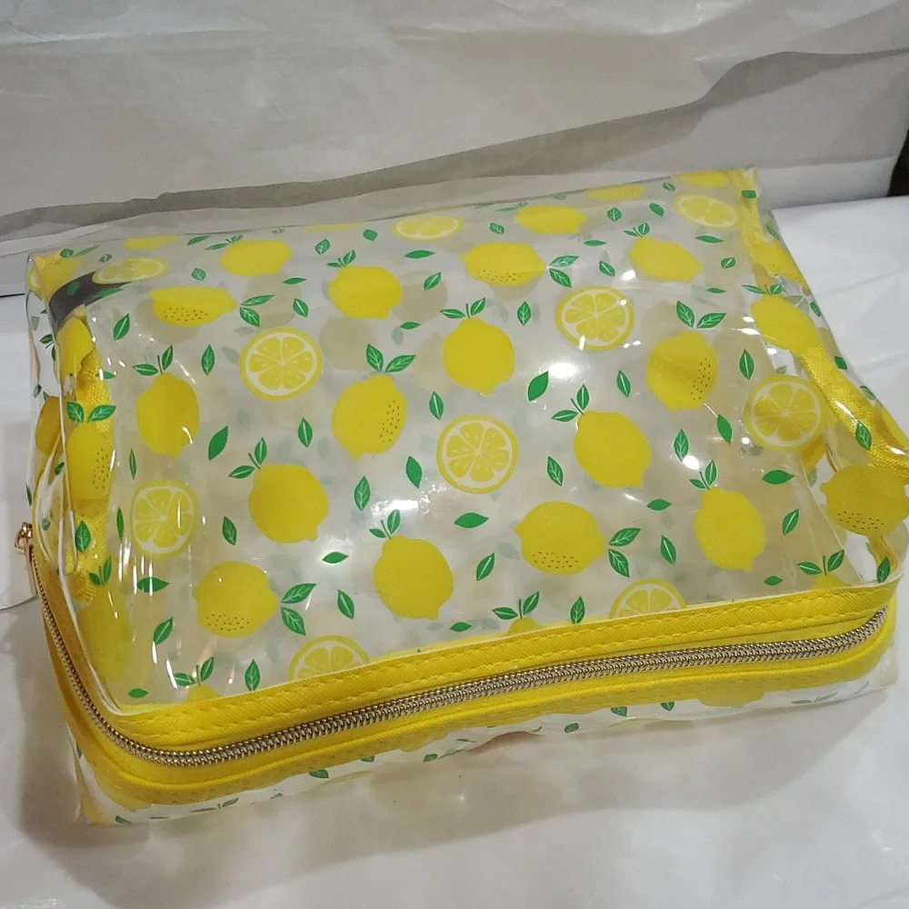 Clear vinyl Citrus lemon yellow print ‎ makeup beauty pouch case new